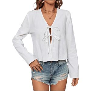 imageMakeMeChic Womens V Neck Tie Front Top Blouse Long Sleeve Loose Blouses Crop TopWhite