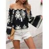 imageMakeMeChic Womens Boho Striped Off Shoulder Shirred Smocked Tops Half Bell Sleeve Blouse ShirtBblack