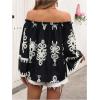 imageMakeMeChic Womens Boho Striped Off Shoulder Shirred Smocked Tops Half Bell Sleeve Blouse ShirtBblack
