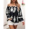 imageMakeMeChic Womens Boho Striped Off Shoulder Shirred Smocked Tops Half Bell Sleeve Blouse ShirtBblack
