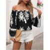 imageMakeMeChic Womens Boho Striped Off Shoulder Shirred Smocked Tops Half Bell Sleeve Blouse ShirtBblack