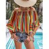 imageMakeMeChic Womens Boho Striped Off Shoulder Shirred Smocked Tops Half Bell Sleeve Blouse ShirtMulticolor