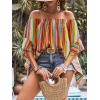 imageMakeMeChic Womens Boho Striped Off Shoulder Shirred Smocked Tops Half Bell Sleeve Blouse ShirtMulticolor