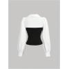 imageMakeMeChic Womens Color Block Collar V Neck Long Sleeve Split Hem Blouse Shirt TopsBlack and White