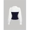 imageMakeMeChic Womens Color Block Collar V Neck Long Sleeve Split Hem Blouse Shirt TopsDark Blue