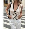 imageMakeMeChic Womens Contrast Binding Sleeveless Vest Button Down V Neck Work Office Blouses TopMulticolor