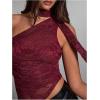 imageMakeMeChic Womens Floral Lace One Shoulder Tank Top Ruched Sleeveless Y2k Tops with ScarfBurgundy