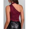 imageMakeMeChic Womens Floral Lace One Shoulder Tank Top Ruched Sleeveless Y2k Tops with ScarfBurgundy