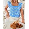 imageMakeMeChic Womens Floral Print Blouse Flutter Sleeve Ruffle Square Neck Summer Boho ShirtBlue