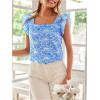 imageMakeMeChic Womens Floral Print Blouse Flutter Sleeve Ruffle Square Neck Summer Boho ShirtBlue