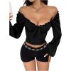 imageMakeMeChic Womens Off Shoulder Long Sleeve Blouse Sweetheart Neck Lettuce Trim Crop TopBlack