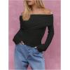 imageMakeMeChic Womens Ruched T Shirt Long Sleeve Off The Shoulder Textured Slim Fit Tee TopsBlack