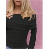 imageMakeMeChic Womens Ruched T Shirt Long Sleeve Off The Shoulder Textured Slim Fit Tee TopsBlack