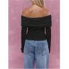 imageMakeMeChic Womens Ruched T Shirt Long Sleeve Off The Shoulder Textured Slim Fit Tee TopsBlack