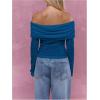 imageMakeMeChic Womens Ruched T Shirt Long Sleeve Off The Shoulder Textured Slim Fit Tee TopsBlue