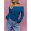 imageMakeMeChic Womens Ruched T Shirt Long Sleeve Off The Shoulder Textured Slim Fit Tee TopsBlue