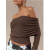 imageMakeMeChic Womens Ruched T Shirt Long Sleeve Off The Shoulder Textured Slim Fit Tee TopsCoffee Brown