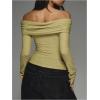 imageMakeMeChic Womens Ruched T Shirt Long Sleeve Off The Shoulder Textured Slim Fit Tee TopsOlive Green