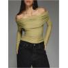 imageMakeMeChic Womens Ruched T Shirt Long Sleeve Off The Shoulder Textured Slim Fit Tee TopsOlive Green