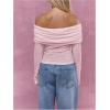 imageMakeMeChic Womens Ruched T Shirt Long Sleeve Off The Shoulder Textured Slim Fit Tee TopsPink