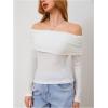 imageMakeMeChic Womens Ruched T Shirt Long Sleeve Off The Shoulder Textured Slim Fit Tee TopsWhite