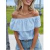 imageMakeMeChic Womens Ruffle Trim Off Shoulder Blouse Short Sleeve Casual Shirt Summer TopsBlue