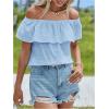 imageMakeMeChic Womens Ruffle Trim Off Shoulder Blouse Short Sleeve Casual Shirt Summer TopsBlue