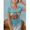 imageMakeMeChic Womens Y2k Mesh Top Short Sleeve Graphic Baby Tee Crop T Shirt TopsMint Blue