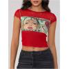 imageMakeMeChic Womens Y2k Mesh Top Short Sleeve Graphic Baby Tee Crop T Shirt TopsRed