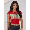 imageMakeMeChic Womens Y2k Mesh Top Short Sleeve Graphic Baby Tee Crop T Shirt TopsRed
