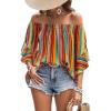 imageMakeMeChic Womens Boho Striped Off Shoulder Shirred Smocked Tops Half Bell Sleeve Blouse ShirtMulticolor