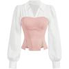 imageMakeMeChic Womens Color Block Collar V Neck Long Sleeve Split Hem Blouse Shirt TopsPink and White