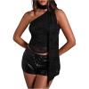 imageMakeMeChic Womens Floral Lace One Shoulder Tank Top Ruched Sleeveless Y2k Tops with ScarfBlack