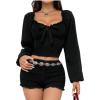 imageMakeMeChic Womens Off Shoulder Long Sleeve Blouse Sweetheart Neck Lettuce Trim Crop TopBlack