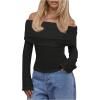 imageMakeMeChic Womens Ruched T Shirt Long Sleeve Off The Shoulder Textured Slim Fit Tee TopsBlack