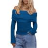imageMakeMeChic Womens Ruched T Shirt Long Sleeve Off The Shoulder Textured Slim Fit Tee TopsBlue