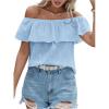 imageMakeMeChic Womens Ruffle Trim Off Shoulder Blouse Short Sleeve Casual Shirt Summer TopsBlue