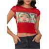 imageMakeMeChic Womens Y2k Mesh Top Short Sleeve Graphic Baby Tee Crop T Shirt TopsRed