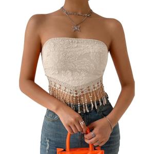 imageMakeMeChic Womens Boho Crop Tube Top Floral Tie Back Cute Bandana TopsApricot Solid