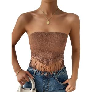 imageMakeMeChic Womens Boho Crop Tube Top Floral Tie Back Cute Bandana TopsCoffee Brown