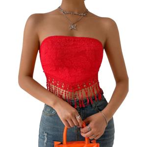 imageMakeMeChic Womens Boho Crop Tube Top Floral Tie Back Cute Bandana TopsRed