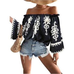 imageMakeMeChic Womens Boho Striped Off Shoulder Shirred Smocked Tops Half Bell Sleeve Blouse ShirtBblack