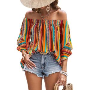 imageMakeMeChic Womens Boho Striped Off Shoulder Shirred Smocked Tops Half Bell Sleeve Blouse ShirtMulticolor