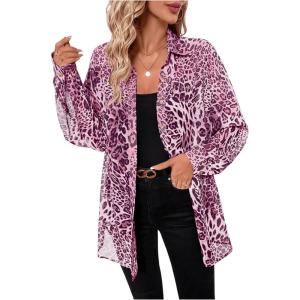 imageMakeMeChic Womens Button Down Shirts Leopard Print Long Sleeve Collared Blouse TopHot Pink