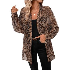 imageMakeMeChic Womens Button Down Shirts Leopard Print Long Sleeve Collared Blouse TopMulticolor