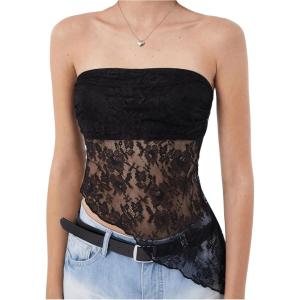 imageMakeMeChic Womens Cheetah Print Tube Top Y2k Strapless Mesh Leopard Print TopsBlack Lace