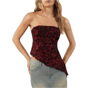 imageMakeMeChic Womens Cheetah Print Tube Top Y2k Strapless Mesh Leopard Print TopsRed and Black