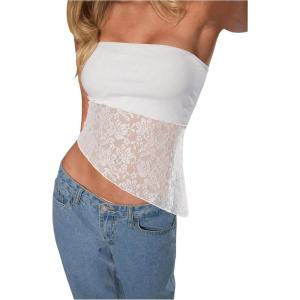 imageMakeMeChic Womens Cheetah Print Tube Top Y2k Strapless Mesh Leopard Print TopsWhite Lace