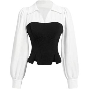 imageMakeMeChic Womens Color Block Collar V Neck Long Sleeve Split Hem Blouse Shirt TopsBlack and White