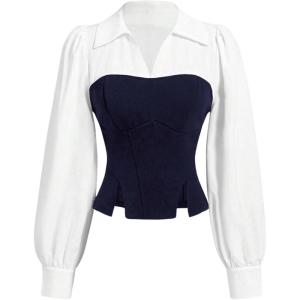 imageMakeMeChic Womens Color Block Collar V Neck Long Sleeve Split Hem Blouse Shirt TopsDark Blue